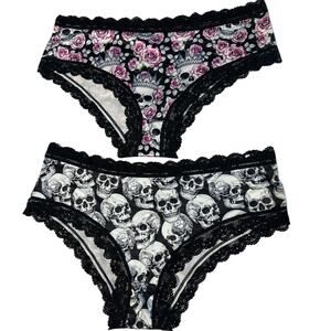 WDIRARA Women's 2 Piece Skull Print Lace Hipster Panties Soft Underwear New